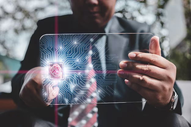 Man scanning fingerprint on glass tablet